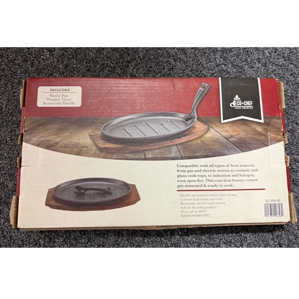 EcoChef Pre-Seasoned Cast Iron Fajita Platter Sizzler Pan Wooden Trivet EC-PS-FP